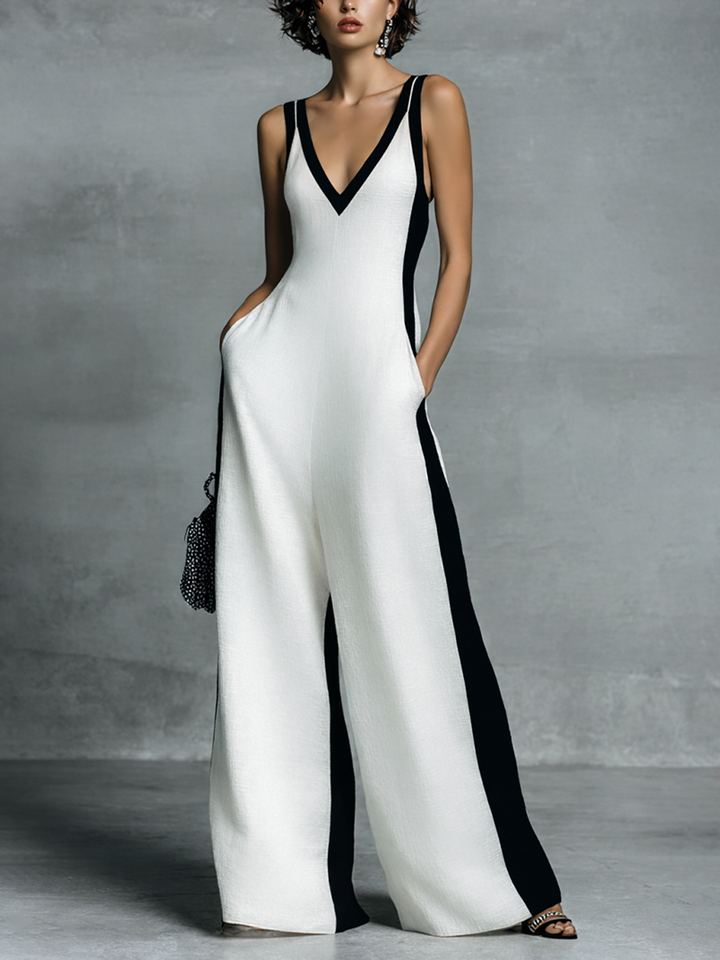 Salopette Donna en Coton et Lin Noir et Blanc avec Bretelles Fines
