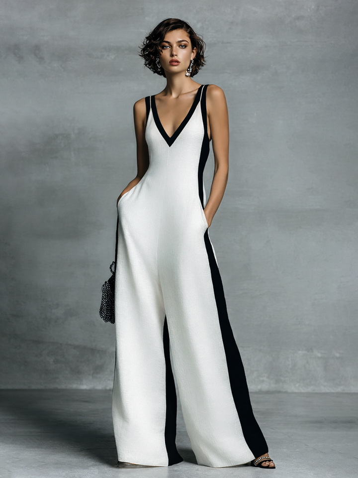 Salopette Donna en Coton et Lin Noir et Blanc avec Bretelles Fines