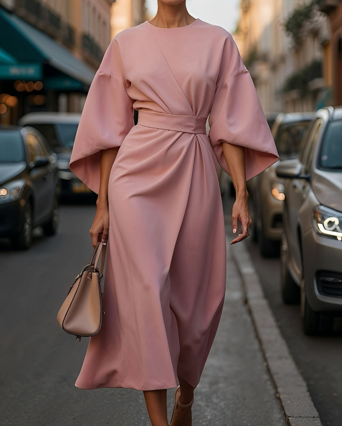 Nancy - Robe midi élégante avec manches bouffantes pour femmes