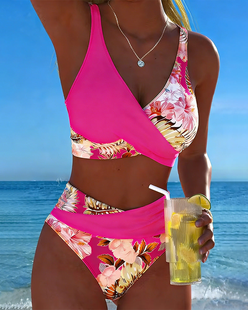 Bikini avec Imprimé Floral Contrasté et Fente
