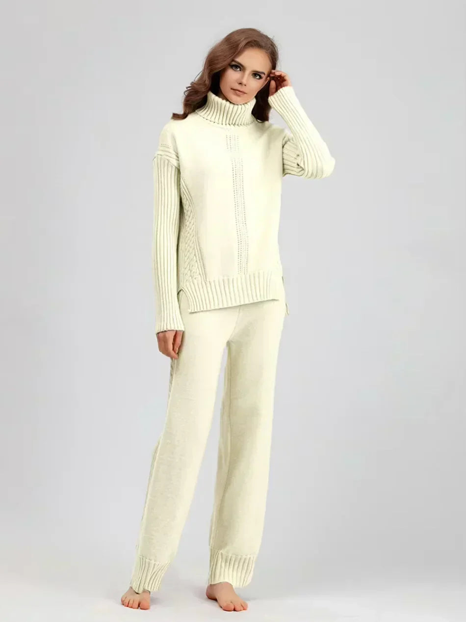 Scarlett - Ensemble de Pull Tricoté à Col Montant Chic et Pantalons Amples