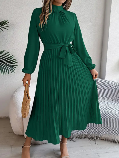 Robe Midi Plissée à Manches Longues pour Femmes avec Ceinture