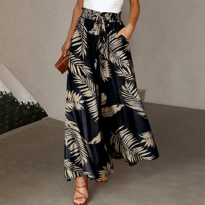 Pantalon populaire à poches latérales et imprimé végétal