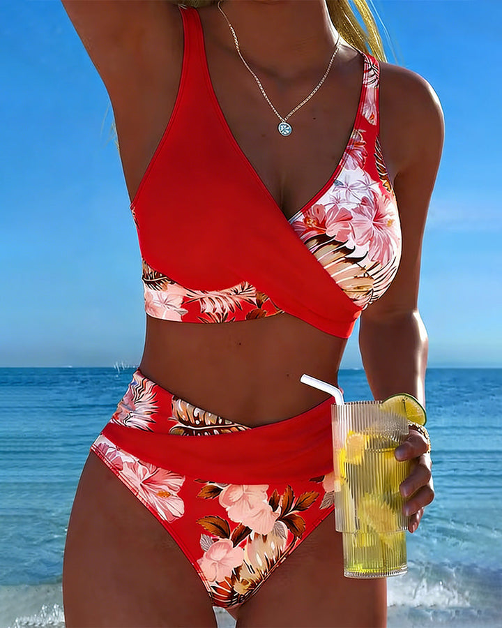 Bikini avec Imprimé Floral Contrasté et Fente