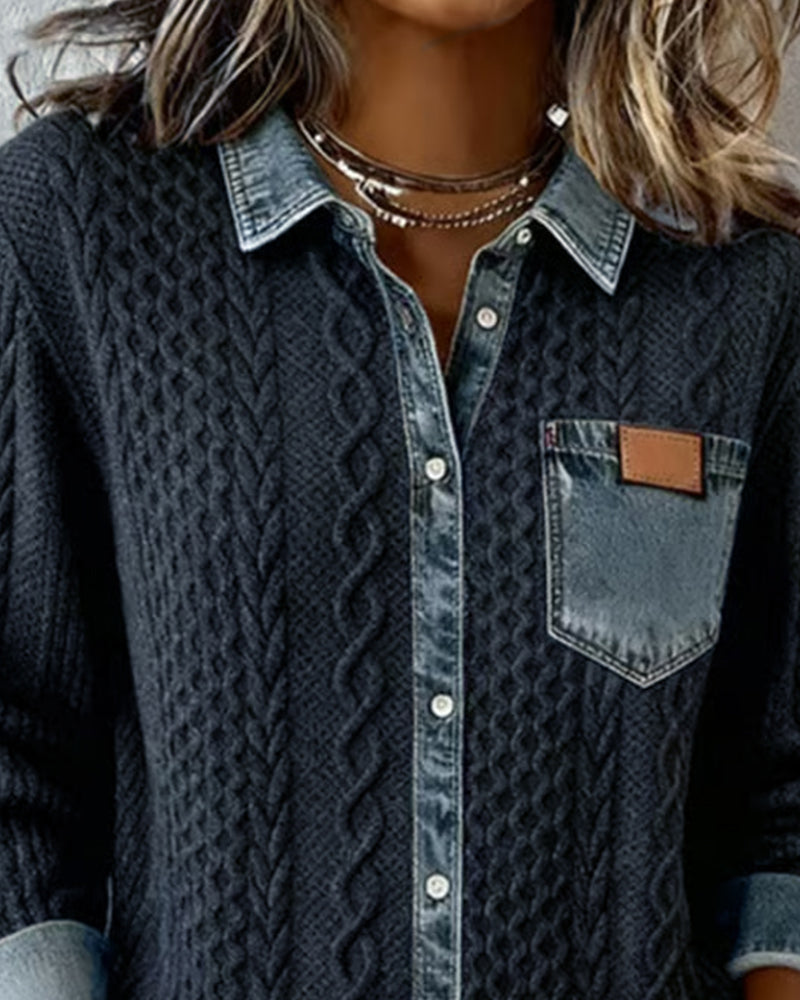 Chemise à Manches Longues avec Patchwork en Denim