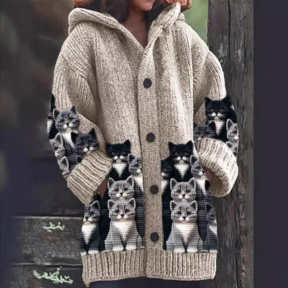 Jasmin - Gilet en Tricot Douillet avec Imprimé de Chats