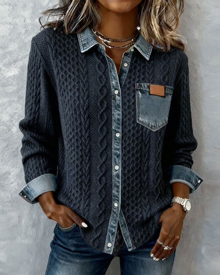 Chemise à Manches Longues avec Patchwork en Denim