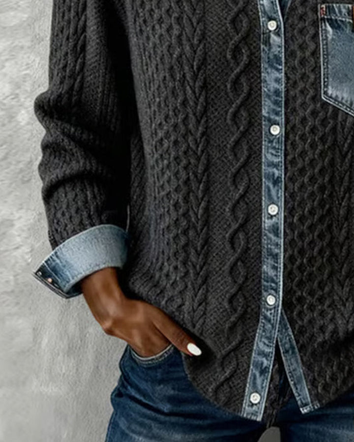 Chemise à Manches Longues avec Patchwork en Denim