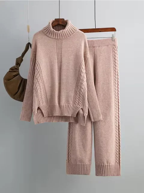 Scarlett - Ensemble de Pull Tricoté à Col Montant Chic et Pantalons Amples