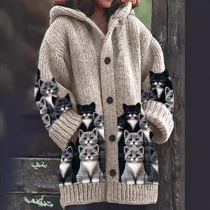 Jasmin - Cardigan en Tricot Accueillant avec Imprimé de Chat
