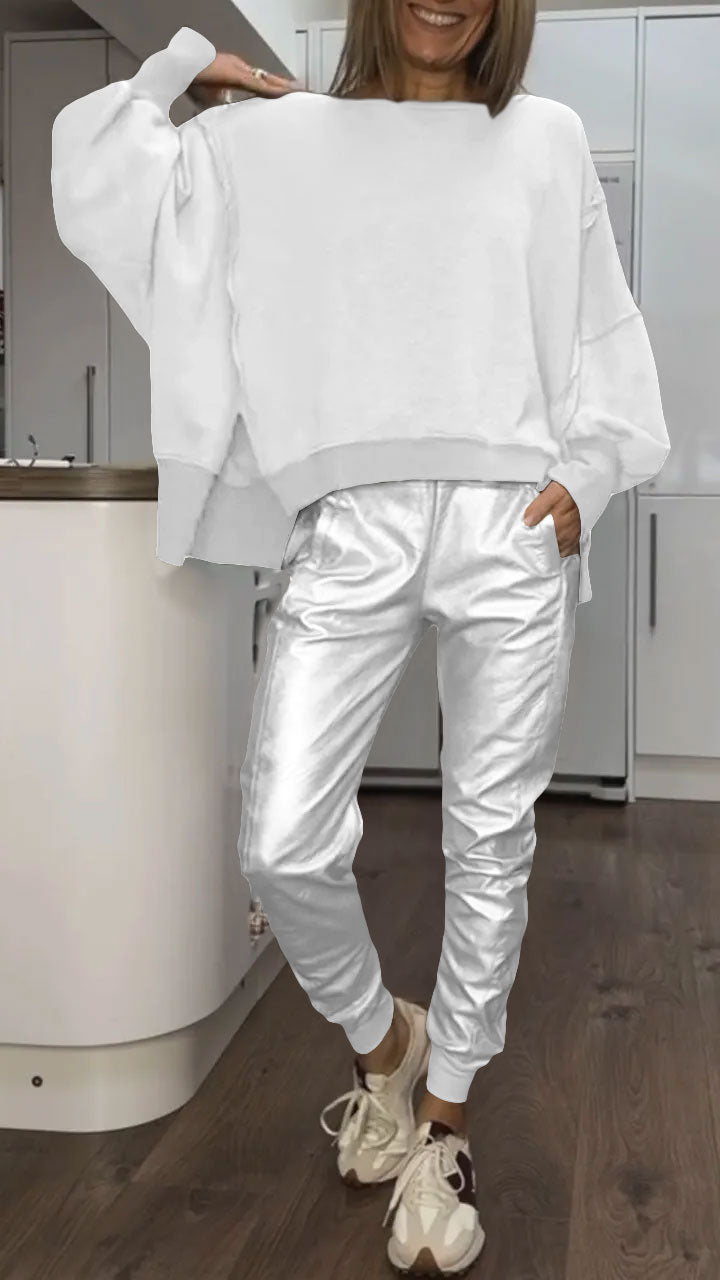 Ensemble Décontracté avec Col Rond pour Femmes + Pantalons en Cuir Synthétique