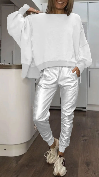 Ensemble Décontracté avec Col Ronde pour Femme + Pantalons en Cuir
