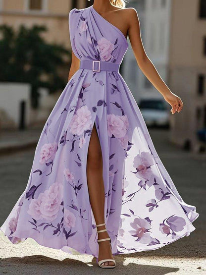 Julie | Robe Maxi en Chiffon Floral Vert Clair à Épaule Dénudée