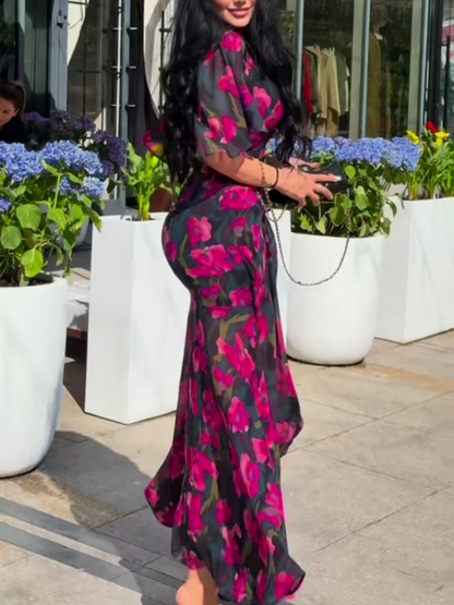 Robe imprimée à manches trompette avec décolleté en V
