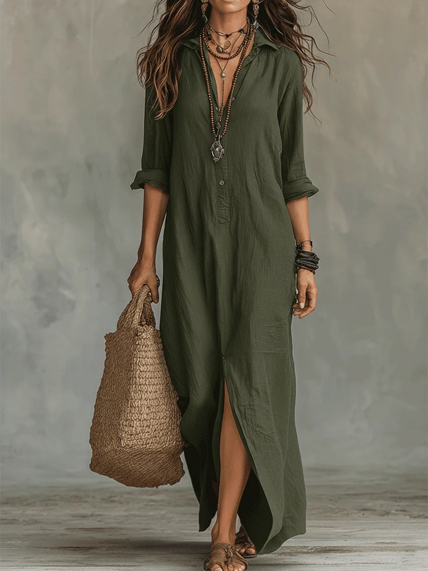 Soline™ | Robe maxi noire fluide avec boutons