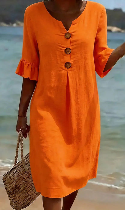 Vanesa | Robe en lin avec texture, manches bouffantes et boutons