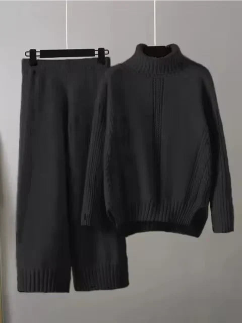 Scarlett - Ensemble de Pull Tricoté à Col Montant Chic et Pantalons Amples
