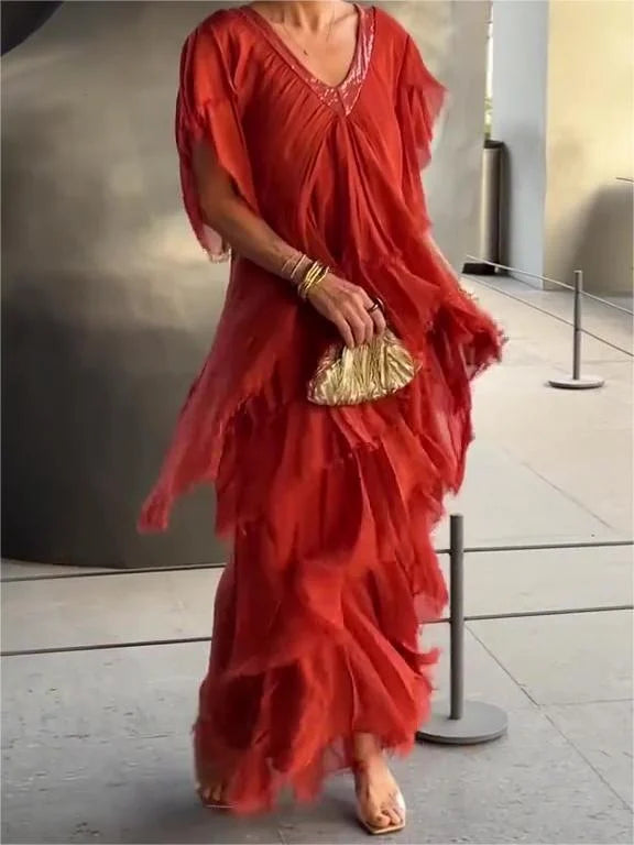 Robe Maxi Élégante Col V et Manches Froncées