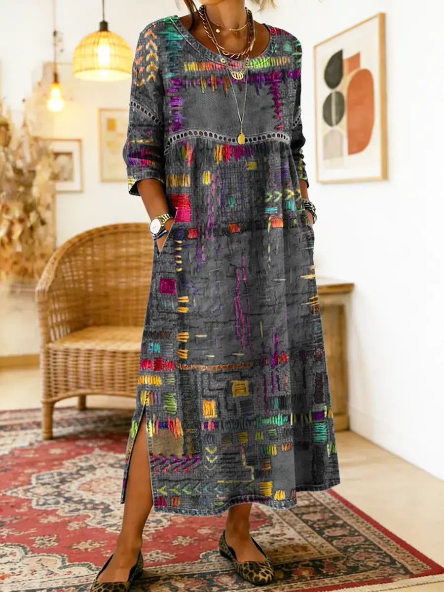 Manuela | Robe en Jean avec Patchwork Ethnique