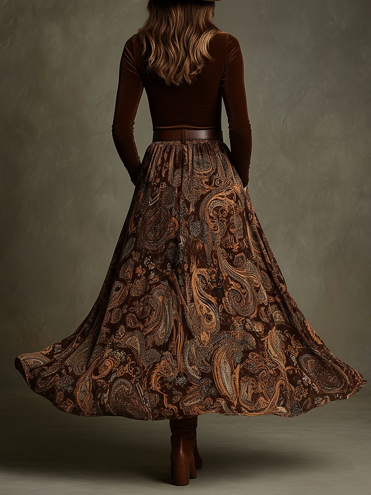 Ensemble top en velours stretch vintage et jupe maxi paisley avec ceinture