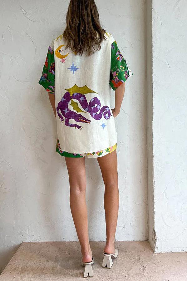 Céleste | Ensemble Blouse Imprimée et Shorts à Poches
