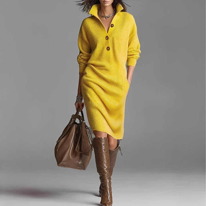 Camryn - Robe en tricot à la mode avec boutons et col pour femme