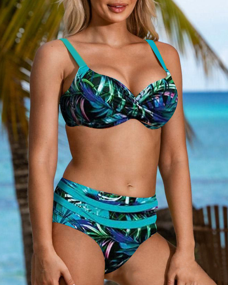 Bikini Taille Haute avec Imprimé Feuille