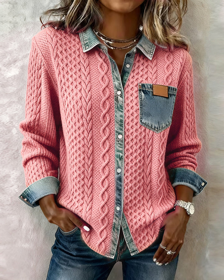 Chemise à Manches Longues avec Patchwork en Denim