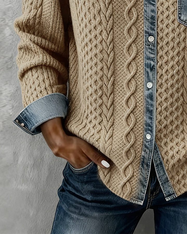 Chemise à Manches Longues avec Patchwork en Denim