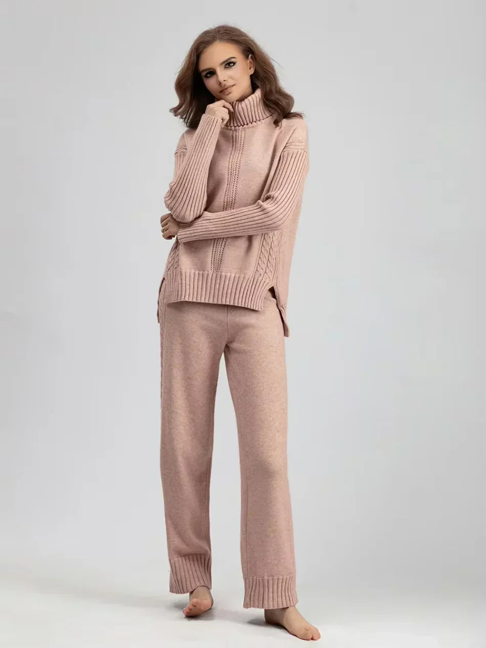 Scarlett - Ensemble de Pull Tricoté à Col Montant Chic et Pantalons Amples
