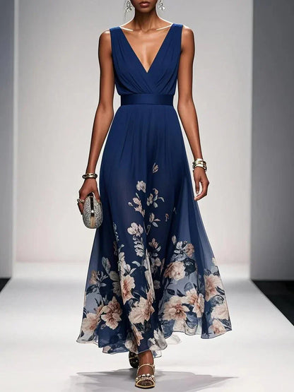 Rosa | Robe Maxi en Chiffon Floral V Bleu Clair