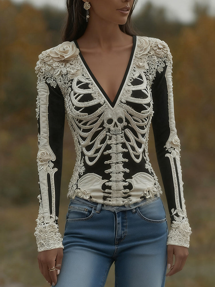 T-shirt décontracté à manches longues pour femmes avec art de squelette, roses et crâne, col en V pour Halloween