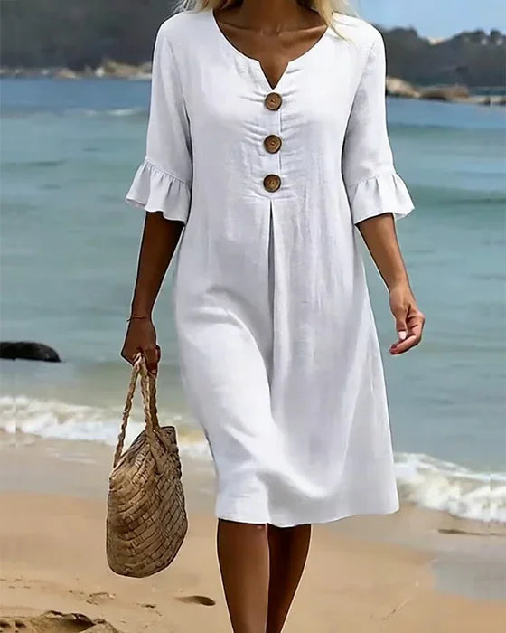 Vanesa | Robe en lin avec texture, manches bouffantes et boutons