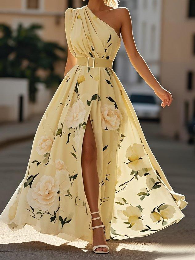 Julie | Robe Maxi en Chiffon Floral Vert Clair à Épaule Dénudée