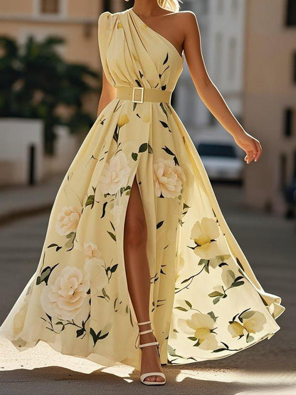 Julie | Robe Maxi en Chiffon Floral Vert Clair à Épaule Dénudée