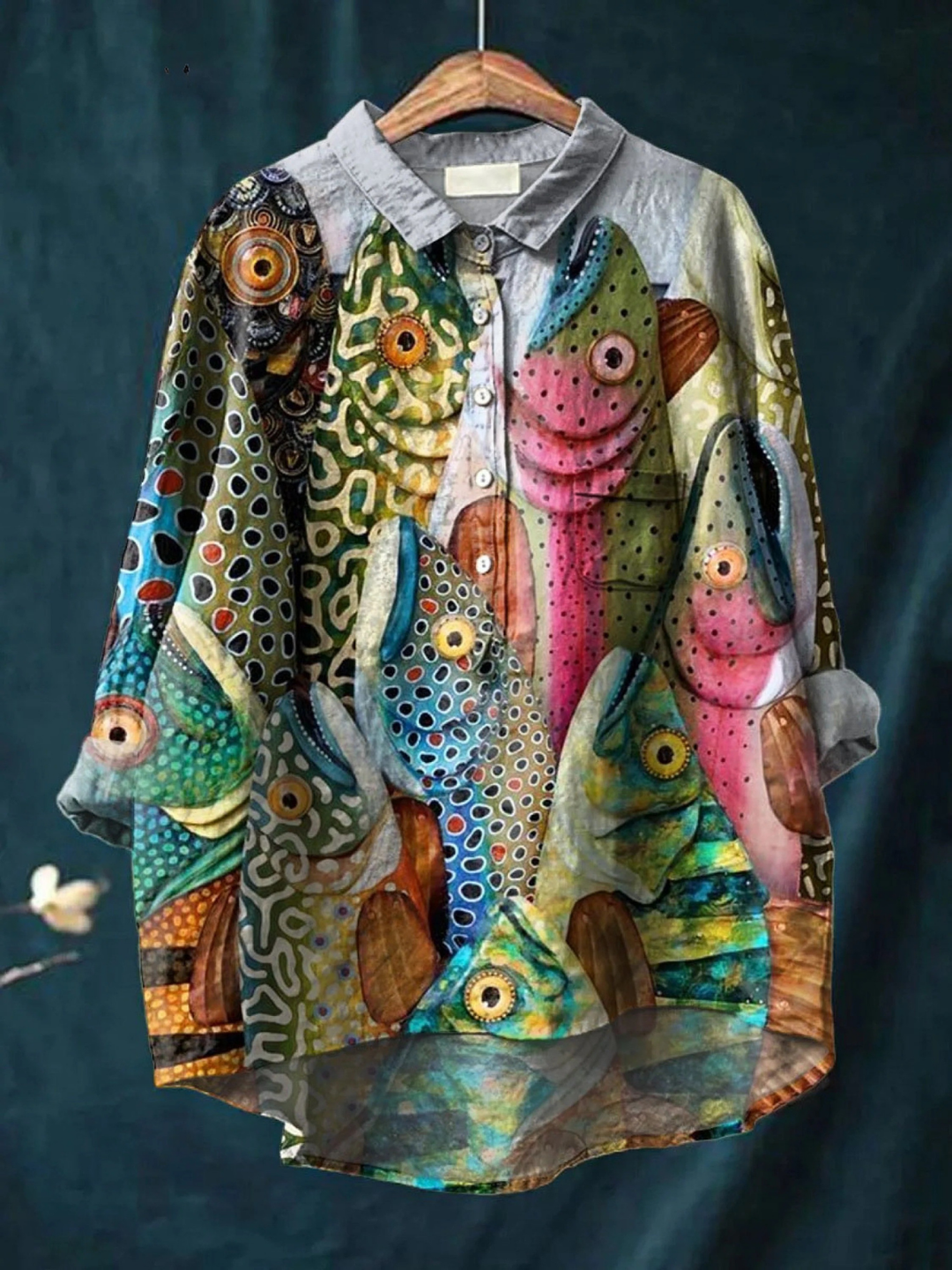 Anneliese | Impression d'art vintage de poisson drôle sur chemise décontractée