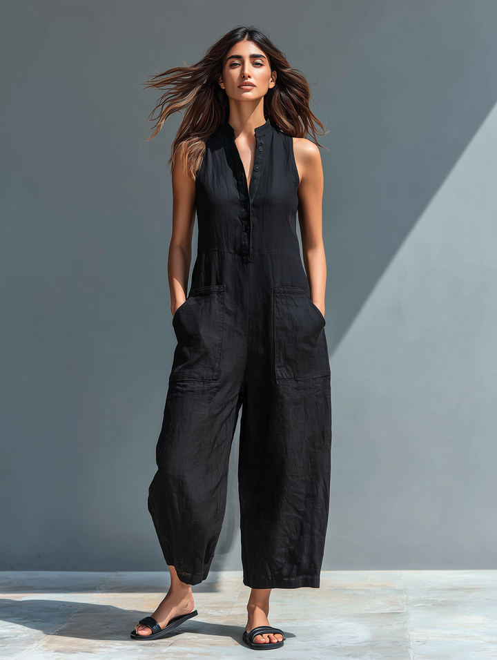 Combinaison sans manches en lin minimaliste pour femmes avec col montant et boutons