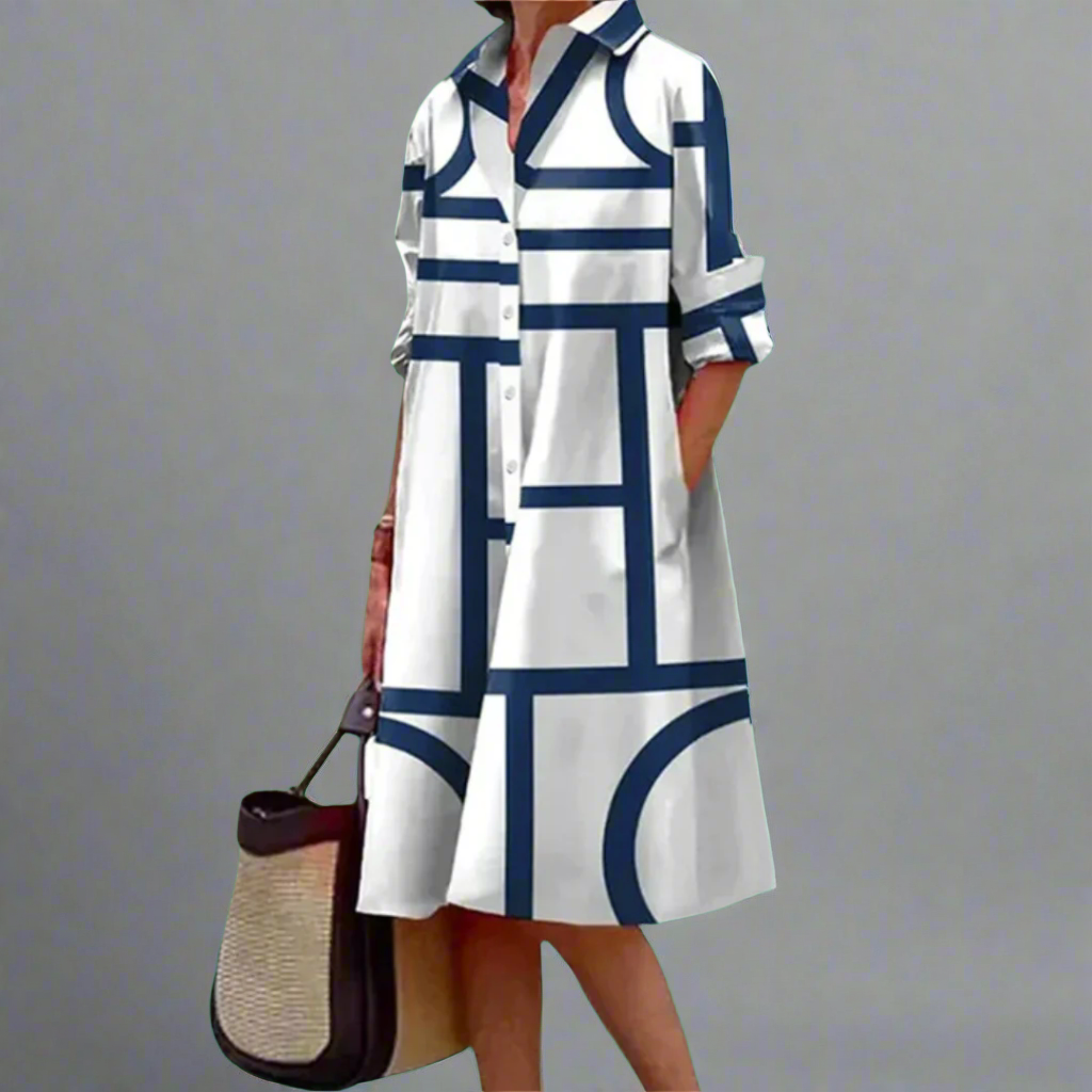 Cosima | Élégante robe midi bleue avec des rayures géométriques