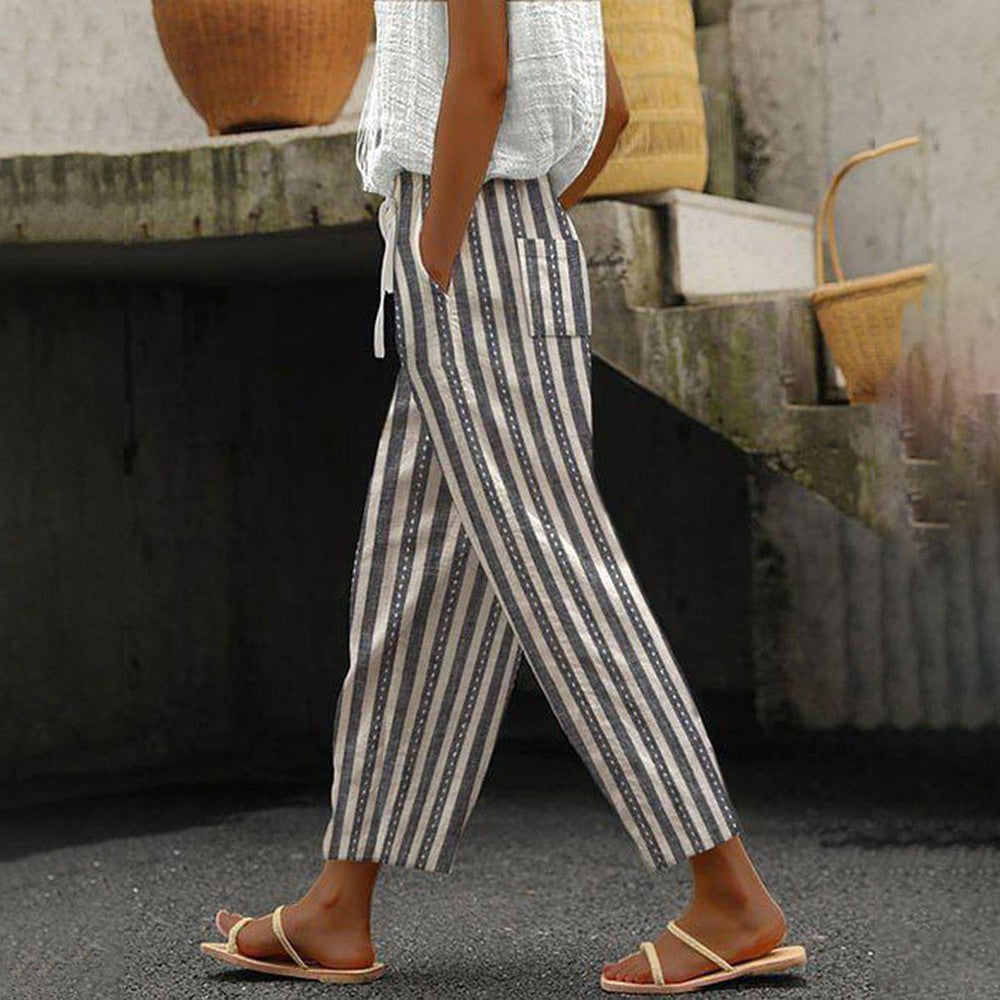 Pantalon élégant à taille élastique rayé