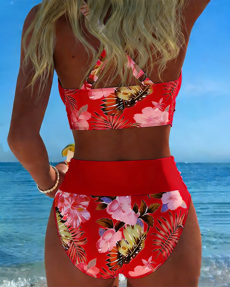 Bikini avec Imprimé Floral Contrasté et Fente
