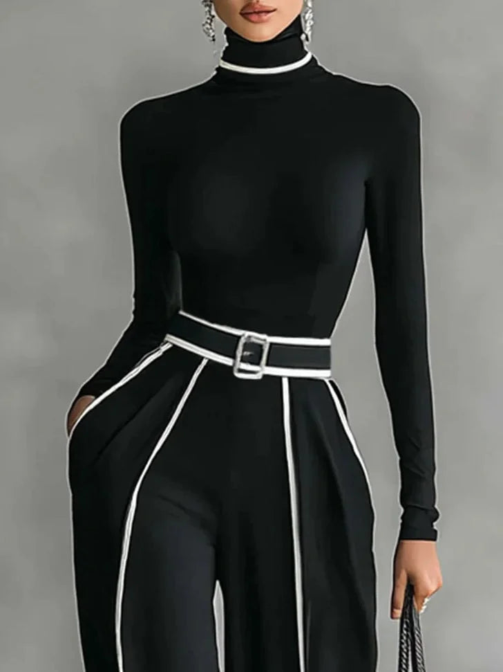 Ensemble Haut à Col Montant à Manches Longues avec Bord Blanc, Pantalons à Jambes Amples et Ceinture