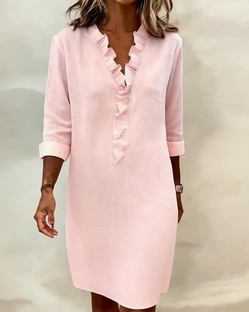 Robe Unie à Volants avec Col en V