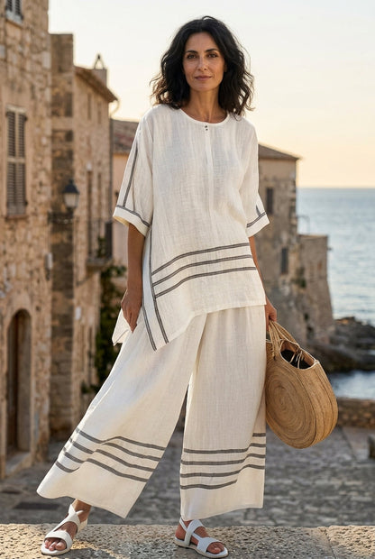 Ensemble Chic à Rayures - Pantalon Large et Blouse Asymétrique pour Femme