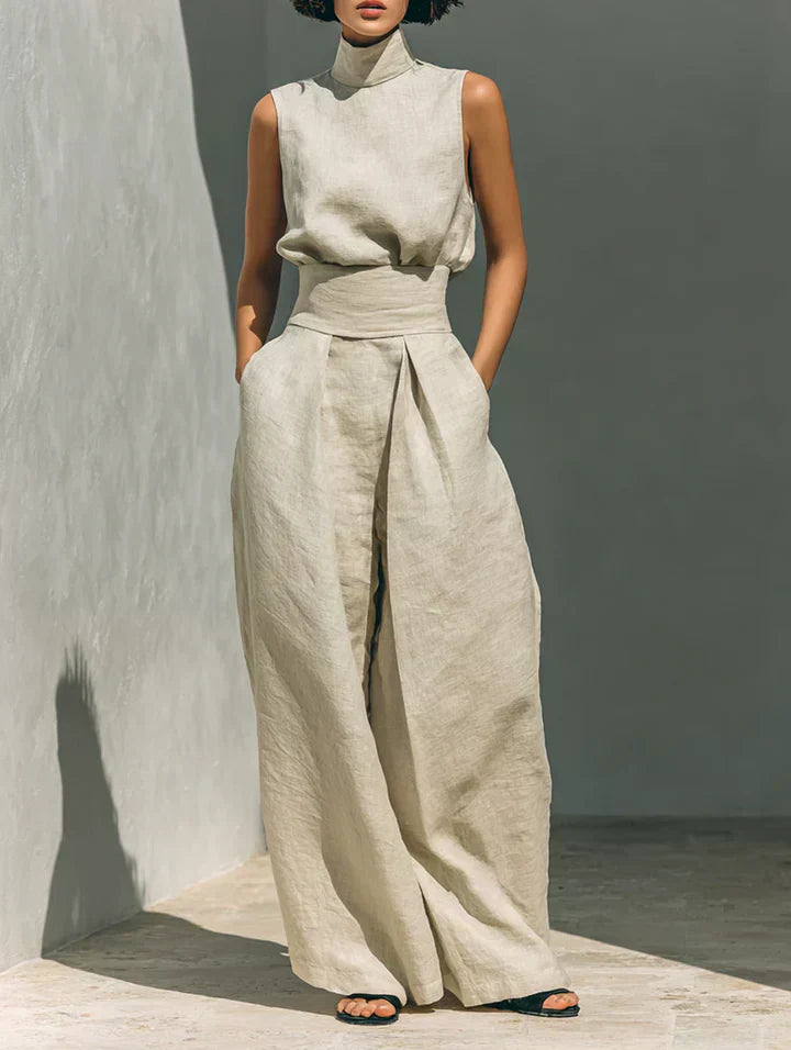 Amélie™ | Ensemble Minimaliste de Blouse Sans Manches et Pantalons Amples en Coton et Lin pour Femmes