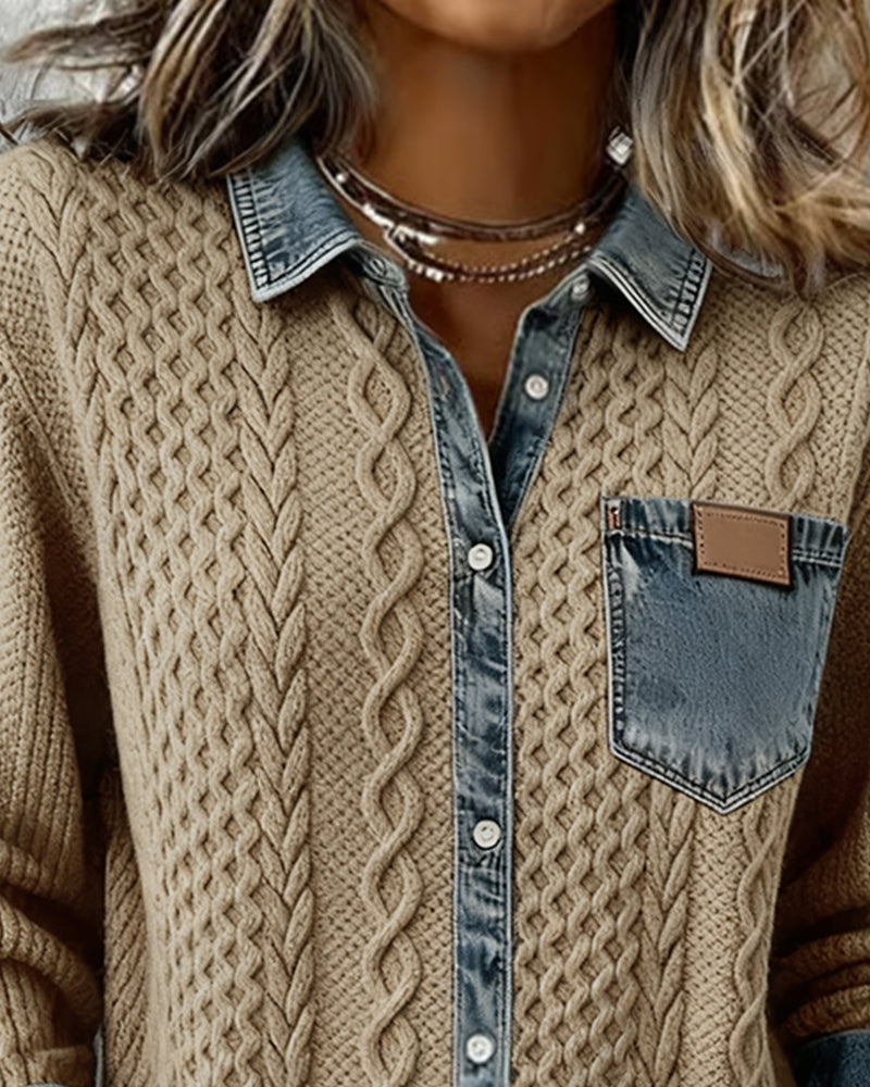 Chemise à Manches Longues avec Patchwork en Denim