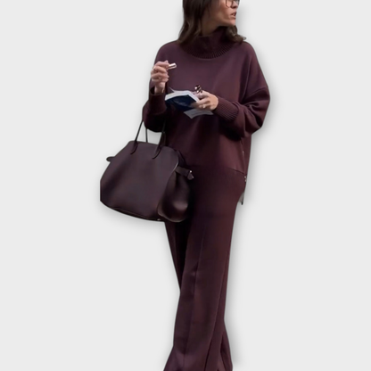 Ensemble Tricot Détente avec Pull Col Montant et Pantalons à Jambes Larges