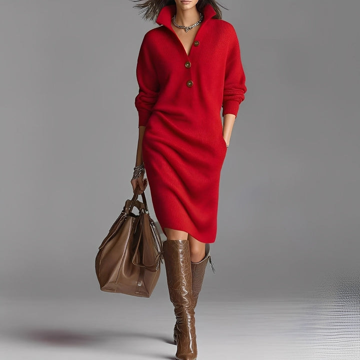 Camryn - Robe en tricot à la mode avec boutons et col pour femme
