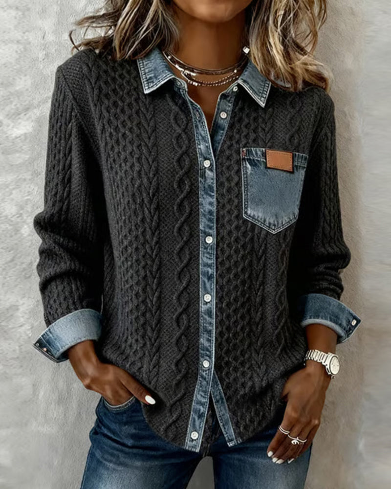 Chemise à Manches Longues avec Patchwork en Denim