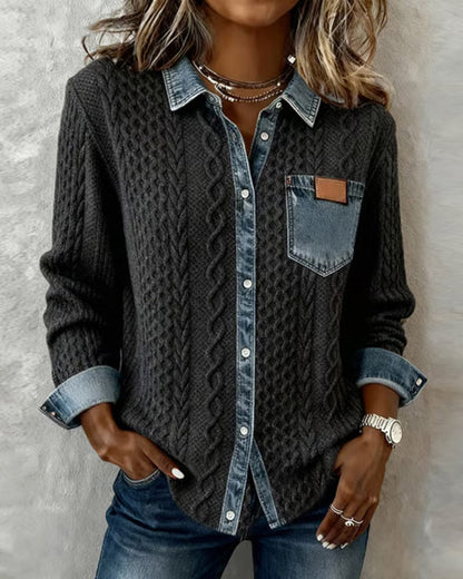 Chemise à Manches Longues avec Patchwork en Denim