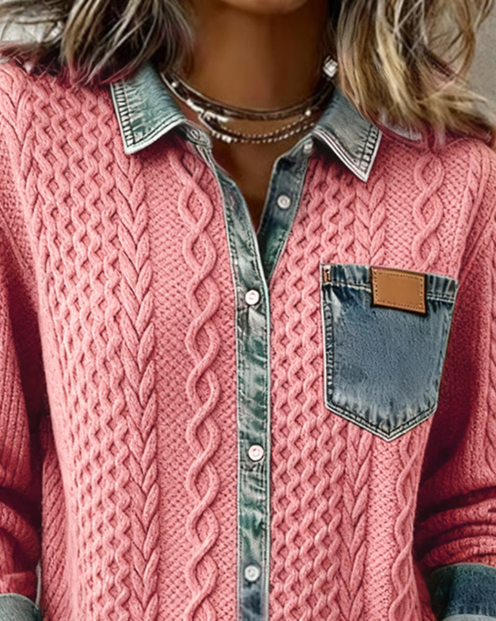 Chemise à Manches Longues avec Patchwork en Denim